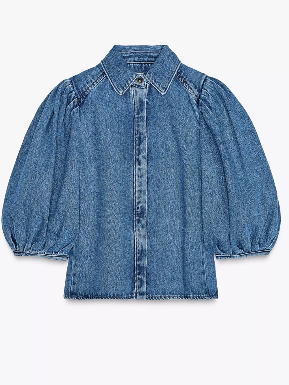 Zara Blue Denim Button-Front Puff-Sleeve Shirt